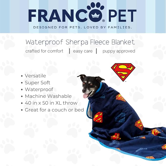 Superman DC Comics Waterproof Dog Bed Cover, Large 40x50 Pet Blanket for Furniture Bed Couch Sofa, (Officially Licensed) by Franco