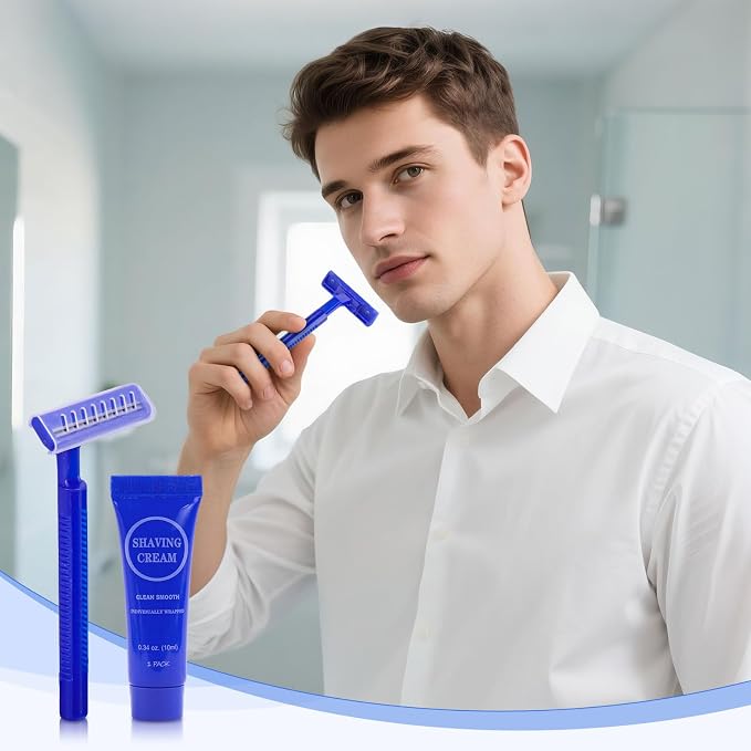 Disposable Razor Shaving Cream Set, Individually Wrapped Manual Twin Blade Shaving Razors in Bulk with Mini Smooth Shaving Cream Toiletries for Hotel Charity Camping Travel Homeless 0.34oz (100 Pack)