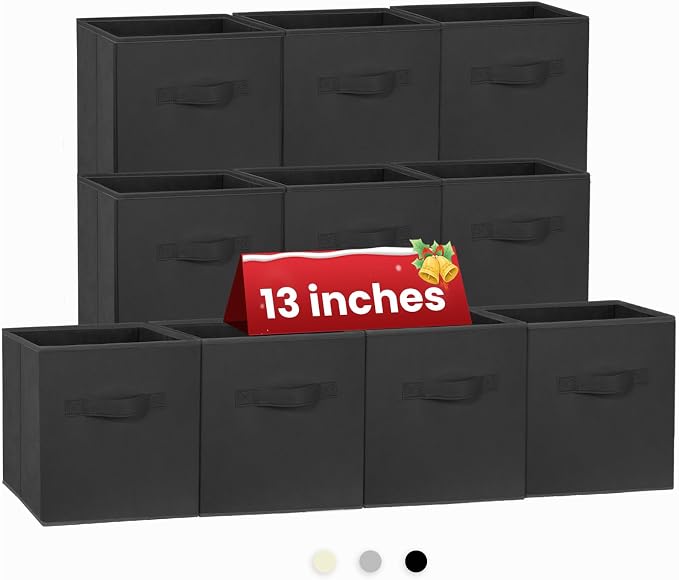 Large Storage Cubes- 13 Inch Cube Storage Bins for Organizing Shelves Kallax - Nursery Closet Organization Bins for Clothes Blanket - 10 Pack Collapsible Decorative Storage Box for Magazines (Black)
