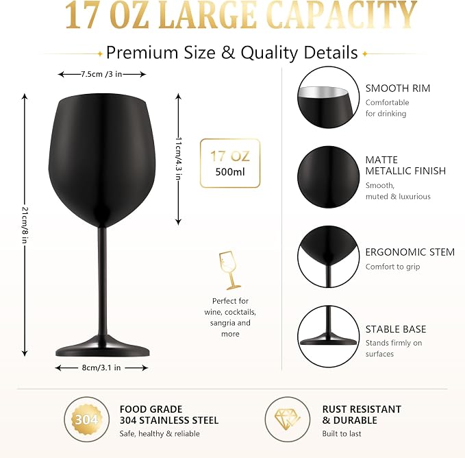UNISWEET Unbreakable Stainless Steel Wine Glasses Set of 4, Matte Black | 17oz Unique Fancy Metal Wine Goblets, Shatterproof, Ideal for Outdoor, Camping, Travel, Pool, Great Gift for Wine Lovers