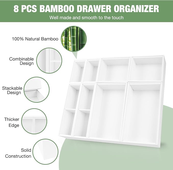 Bamboo Drawer Organizer Set, 8 PCS White Multi-Use Wood Drawer Storage Kitchen Boxes, Junk Drawer Organizer Divider Bins for Bathroom, Office Desk, Makeup, Jewelry, Utensils