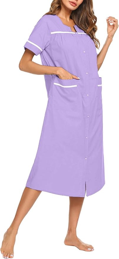 Ekouaer Womens Snap Front Dusters Cotton Housecoat Short Sleeve Nightgown House Dress With Pockets