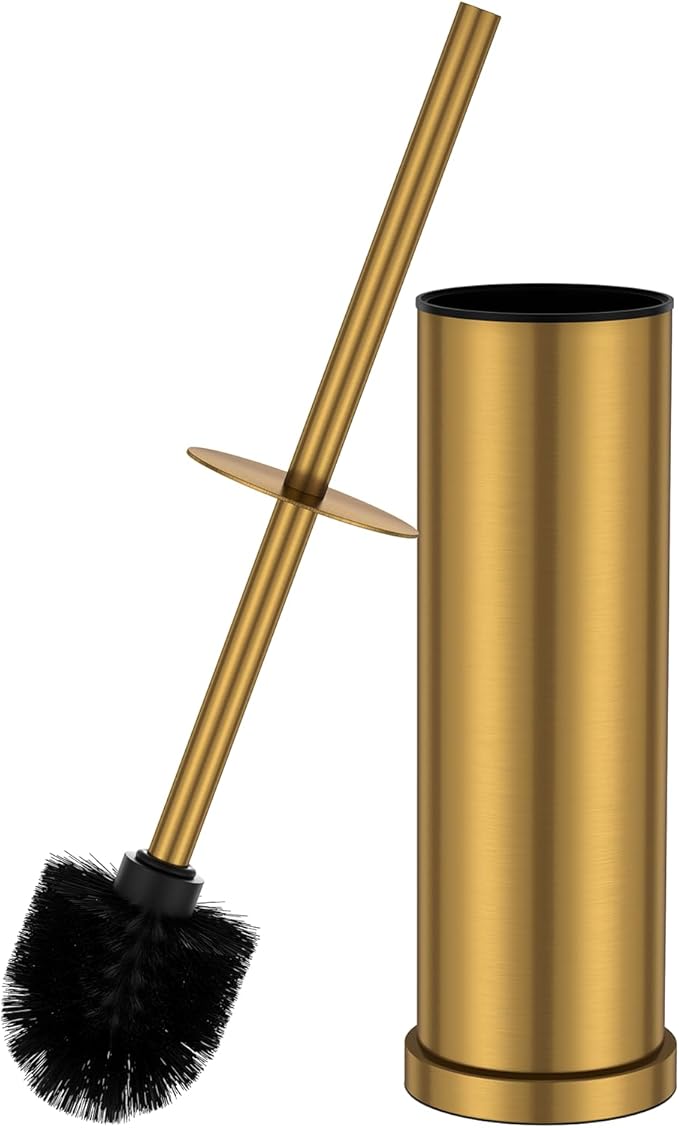Brushed Gold Toilet Brush and Holder Set，Stainless Steel Heavy Duty Toilet Bowl Brush，Extra Long Handled Modern Toilet Cleaner Brush with Replaceable Head, Removable Inner Bowl, and Splash Protection