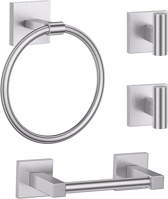 Towel Ring Set 4 Piece Bathroom Hardware Set Includes Towel Ring 2 Towel Hooks and Toilet Paper Holder Stainless Steel Wall Mounted (Brushed Nickel)