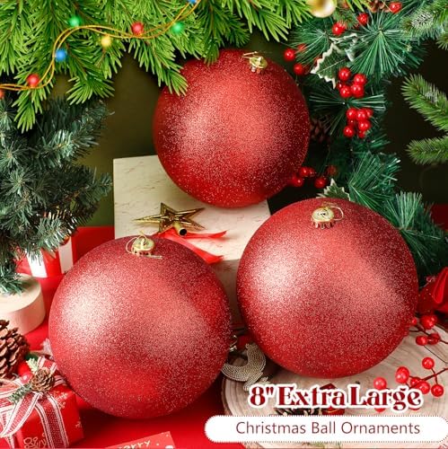 Zubebe 6 Pcs 8" Jumbo Christmas Ball Ornaments Lawn,Red Glitter