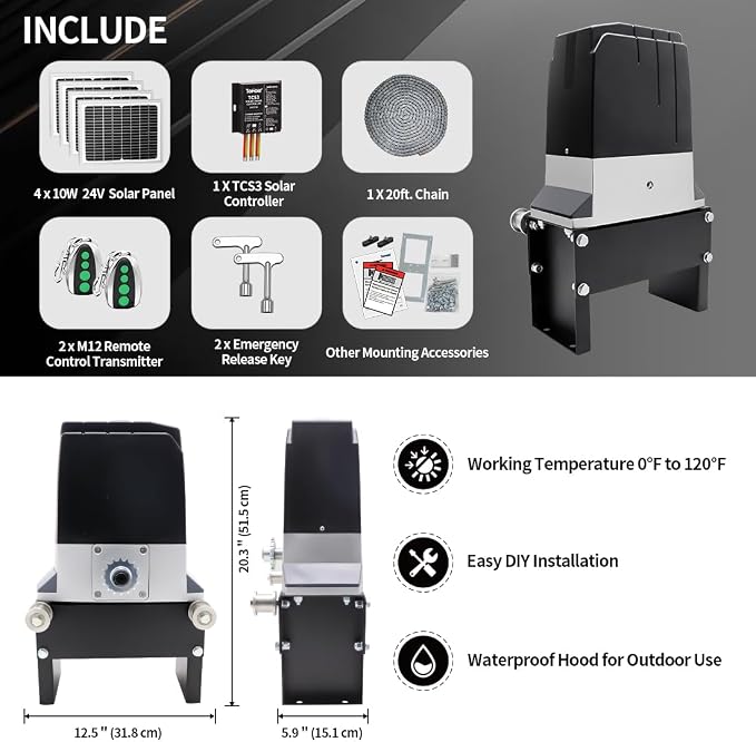 TOPENS DKC2000S Solar Sliding Gate Opener Chain Drive Automatic Gate Motor for Heavy Driveway Slide Gates Up to 4400 Pounds, Electric Gate Operator Battery Powered with Solar Panel Remote Control Kit