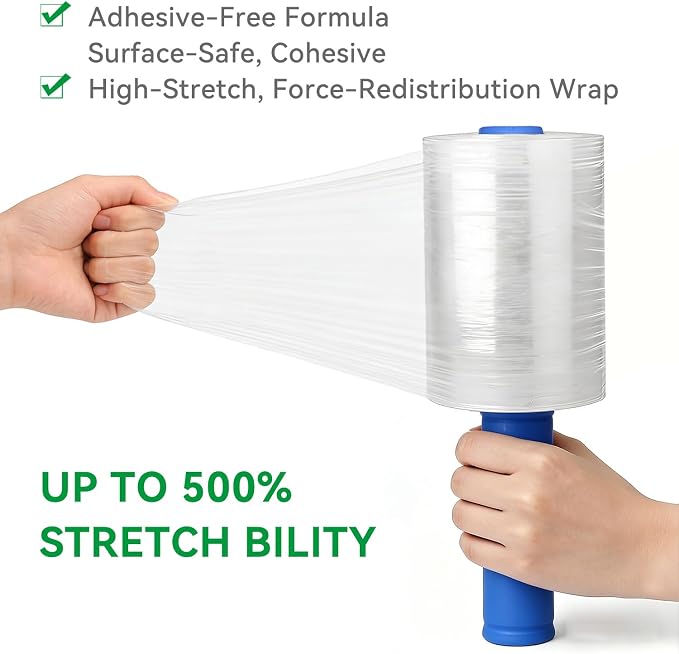 Plastic Shrink Wrap Roll for Moving, 5" x 1200' -12 Rolls | 80 Gauge, 500% Stretch, Heavy Duty, With Handles, Saran Wrap For Moving, Shipping, Packing, Pallet & Furniture Protection