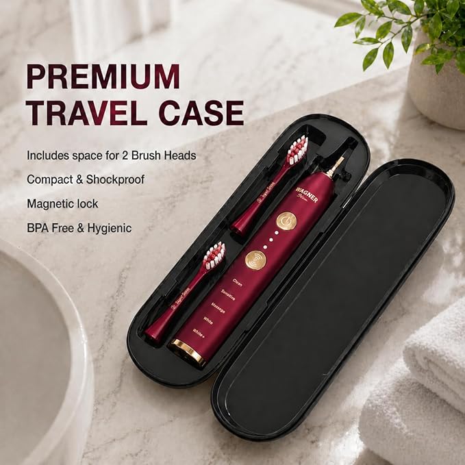 Wagner Stern WHITEN+ Electric Toothbrush, 48,000 VPM, Pressure Sensor, 5 Modes, 8 Brush Heads, Travel Case