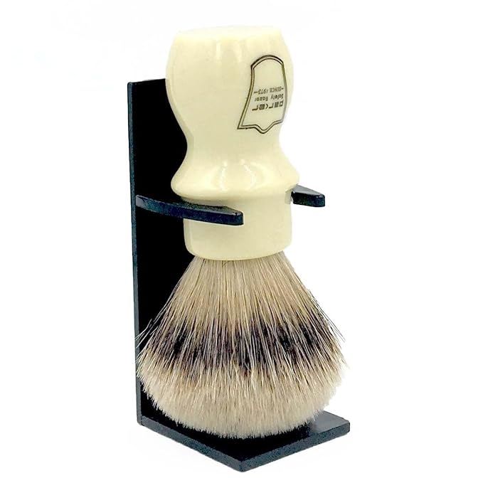 Parker 100% Silvertip Badger Mug Shaving Brush with Brush Stand - Extra Dense and Extra Soft Bristles - Long Handle is Perfect for use with Your Shaving Mug (Ivory Color)