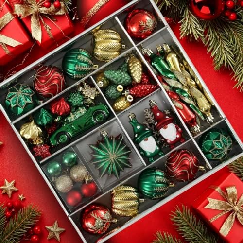 68PCS Christmas Tree Ornaments Set, Red Green Gold Christmas Balls and Assorted Decorations, Shatterproof Hanging Ornaments with Hooks for Xmas Tree, Holiday Party Home Decor