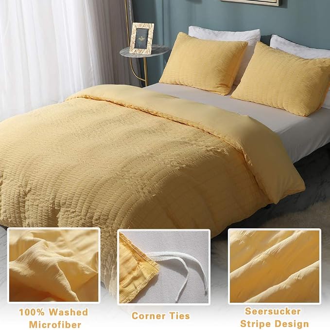 AveLom Yellow Duvet Cover King (104 x 90 inches), 3 Pieces (1 Duvet Cover + 2 Pillow Cases), Seersucker Textured Ultra Soft Washed Microfiber, Textured Duvet Cover with Zipper Closure, Corner Ties