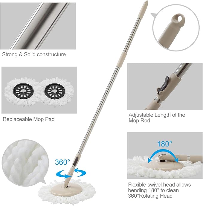 Eyliden Spin Mop and Bucket Set, 2 Microfiber Heads, Wash & Dry | Self-Cleaning Mop Bucket System for Hardwood, Tile, Vinyl Floors, Adjustable Stainless Steel Handle, Space-Saving Design