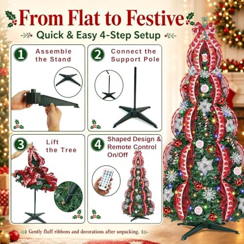 6 Ft Pop up Christmas Tree,Collapsible Christmas Tree with Lights 200 LED Pre-Lit Christmas Trees Plug-in with Remote Timer 8 Lighting Modes for Outdoor Indoor Party Christmas Decor