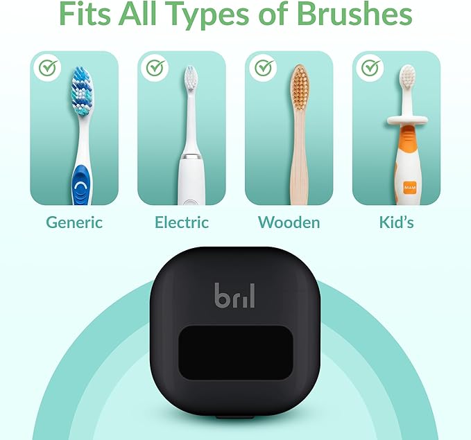 Bril UV-C Toothbrush Sanitizer and Holder – Wall Mounted, Rechargeable, 30-Day Battery, Magnetic Mount, Fits Electric and Manual Brushes, Portable Travel Case, Auto-Shutoff – Black