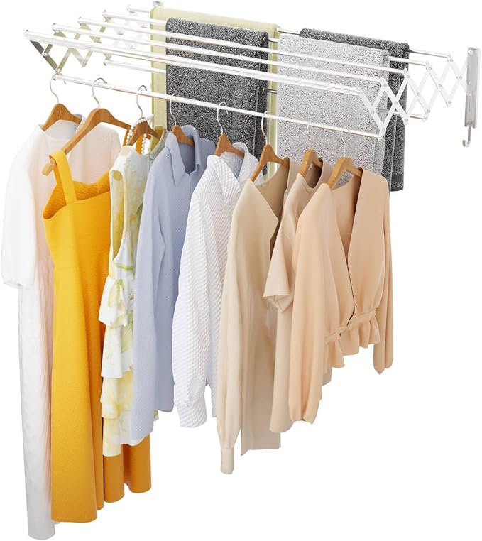 | Clothes Drying Rack Wall Mounted with Hooks - Foldable & Removable Laundry Drying Rack, Extendable 21"-39.4", 110lbs Heavy Duty Drying Rack with 7 Stainless Steel Rods for in & Out Door