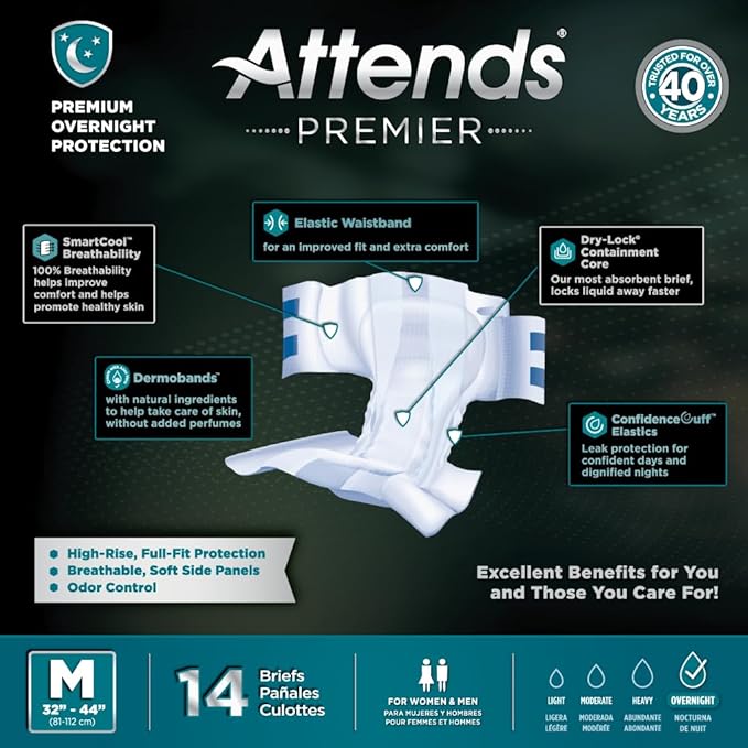 Attends Premier Adult Disposable SmartCool® Briefs, Medium, 32"-44" High-Rise Waist Tab Closure, Premium Overnight Dry-Lock Protection, Odor Control, 14ct Bag