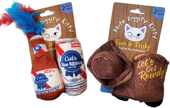 Haute Diggity Kitty Cats Blue Ribbon + Kitty Cowboy Set, Plush Cat Toys Catnip Filled with Interactive Crackle Sound, Safe & Durable Toys for Cat & Kitten, 4 Pcs