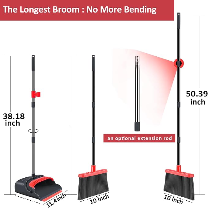 Upgrade Broom and Dustpan Set, Broom with Dustpan Combo Set, Large Size and with Long Handle, Upright,Ideal for Indoor Outdoor Garage Kitchen Room Office Lobby Use (Black&Red)