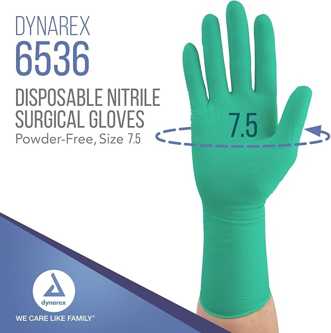 Dynarex Sterile Nitrile Surgical Gloves, Powder Free, Size 7.5, 50 Pairs of Gloves, White, 7.5