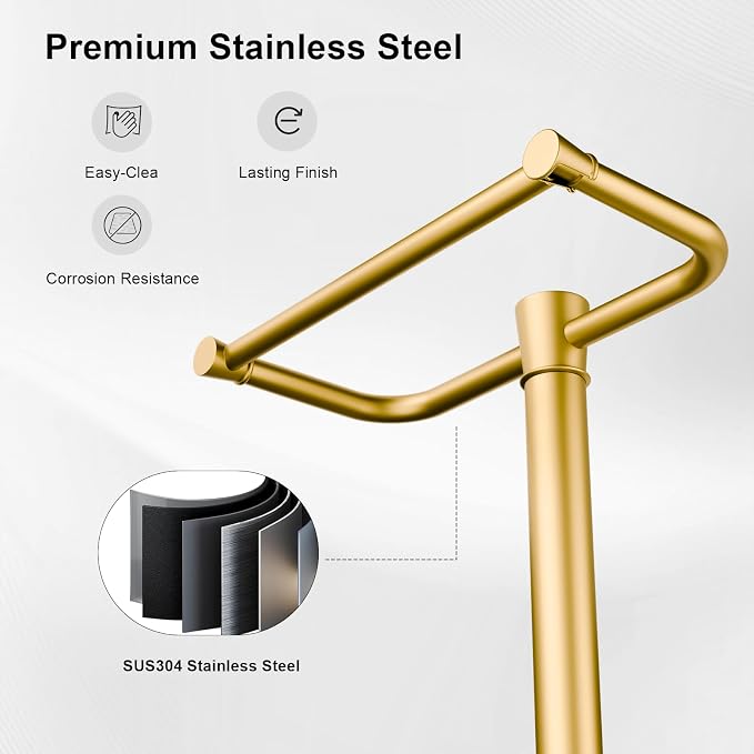 Freestanding Toilet Paper Holder Stand, Heavy Duty Brushed Brass Stainless Steel Toilet Paper Holder with Weighted Base, Rustproof & Tool-Free Installation for Modern Bathrooms