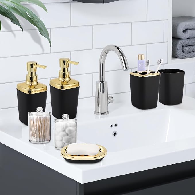 XLHOMO Bathroom Accessories Set, 10 Pieces Black and Gold Bathroom Set, Bathroom Accessory Set with Slim Trash Can,Soap Dispenser,Toilet Brush,Toothbrush Set, Qtip Holders for Housewarming