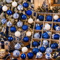 Lunmon 64 Pcs Chinoiserie Christmas Ornaments Blue and White Xmas Bulbs