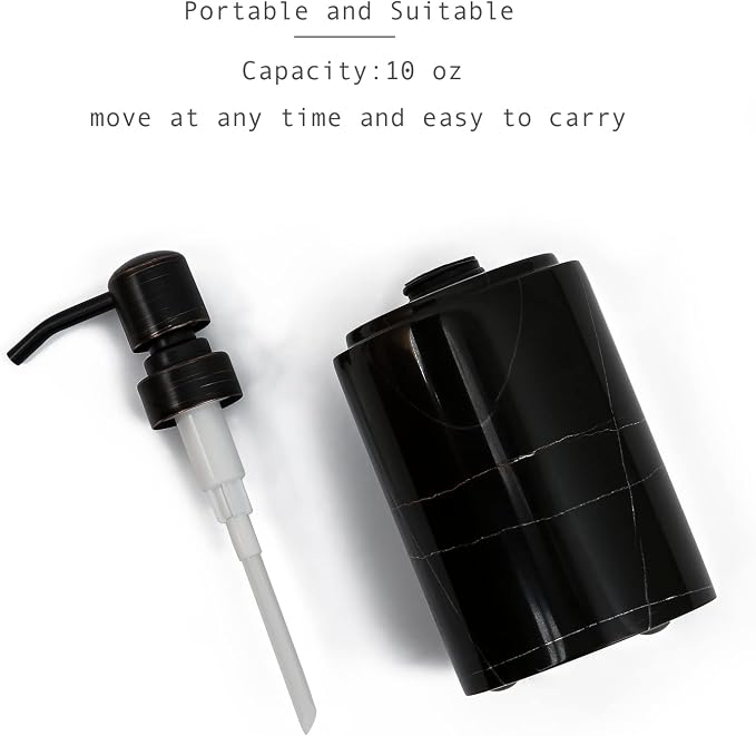 JIMEI Black Marble Soap Dispenser Hand or Dish for Bathroom & Kitchen | Decorative Natural Stone Liquid Soap/Lotion Dispenser - Stainless Steel Soap Dispenser Easy-Glide Pump - Refillable