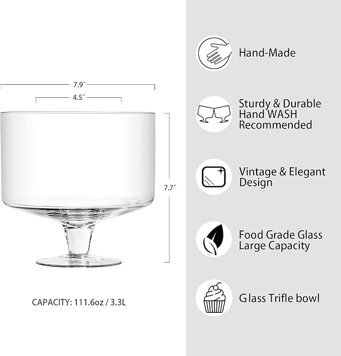 Trifle bowl Glass Crystal-Clear Set of 1, 116oz(3.3L), Footed Trifle Bowl with Stand, Trifle dish for decadent dessert like salad, fruit, ice cream, parfait, pudding, Party Bowl