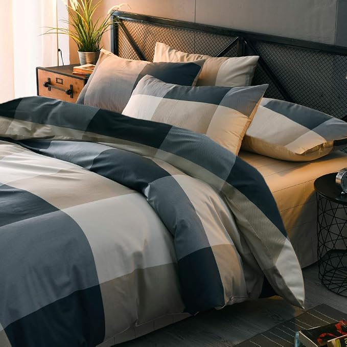 mixinni King Size Checkered Duvet Cover Set - 3 Piece Grey Geometric Cotton Bedding Set with Zipper Closure & Corner Ties, 100% Washed Cotton Soft Breathable Duvet Cover for Men, Women, Teens (King)