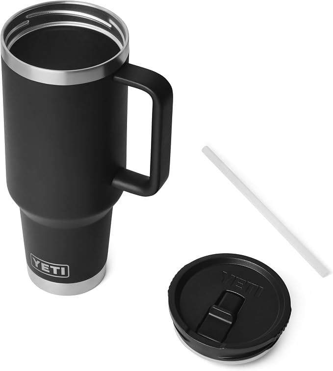 YETI Rambler 40 oz Travel Mug with Flip Straw Lid – Stainless Steel, Vacuum Insulated, Leakproof, Cup Holder Friendly, Black
