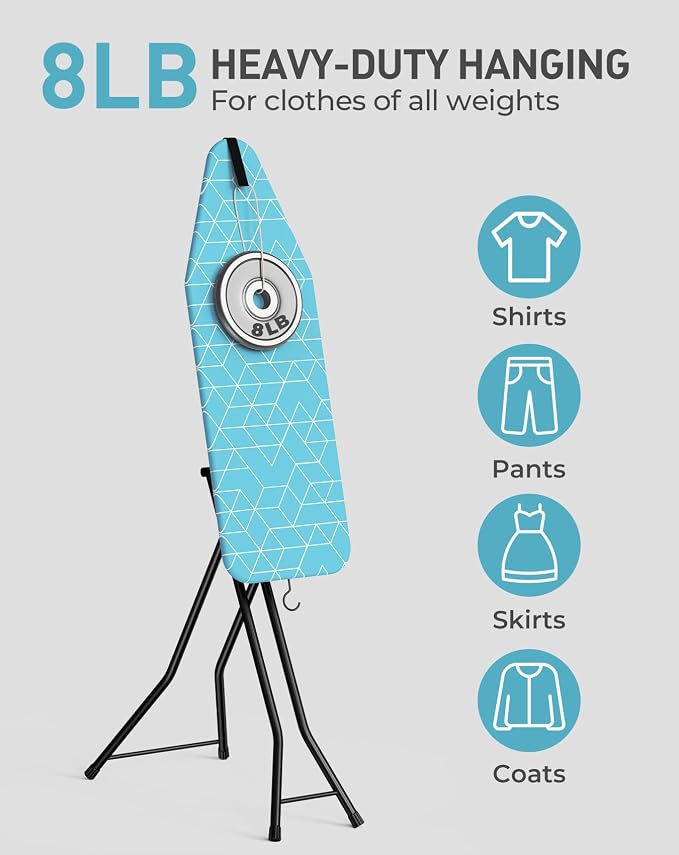 LyriFine Ironing Board, 2-in-1 Ironing and Steaming Board, 14″ x 43″ | Sturdy Steel Frame Iron Board with Non-Slip Feet, Heat Resistant Cover Iron Board, Foldable Ironing Board with Hook, Green