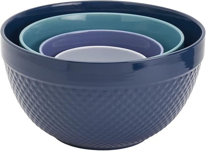 Tabletops Gallery Hobnail Style 4 Piece Blue Storm Stoneware Nesting Mixing Bowl Set for Baking and Cooking