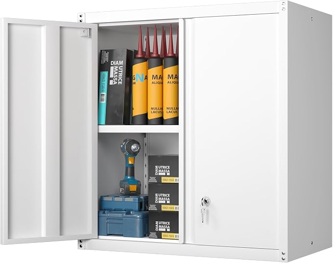 GREATMEET Metal Wall Cabinet, Wall Mounted Storage Cabinet with Lock for Garage Storage, White Floating Cabinet with Doors and Adjustable Shelf for Utility Room
