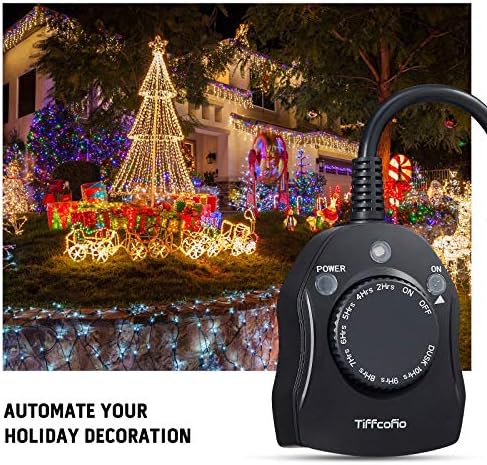 TiFFCOFiO Outdoor Timer Outlet, Dusk to Dawn Light Sensor Timer Weatherproof, 2 Grounded Outlets for Halloween and Christmas Lights, 15A 1/2HP, ETL Listed
