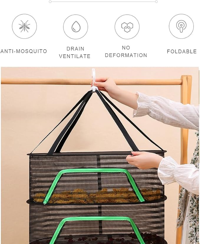 Foldable Drying Net for Vegetables, Fish, and Dehydrated Goods, Multi-Tiered Food Drying Net, Versatile Drying Rack, Windproof Design, Zipper Closure for Insect Protection 4Layer Black