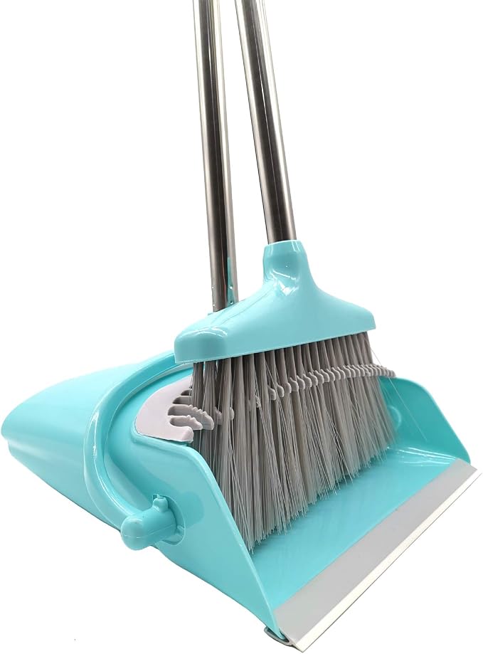 Housekeeping Broom and Dustpan Sets for Parent-Child, Lightweight Upright Standing Dustpan with Broom for House Sweeping, Light Blue