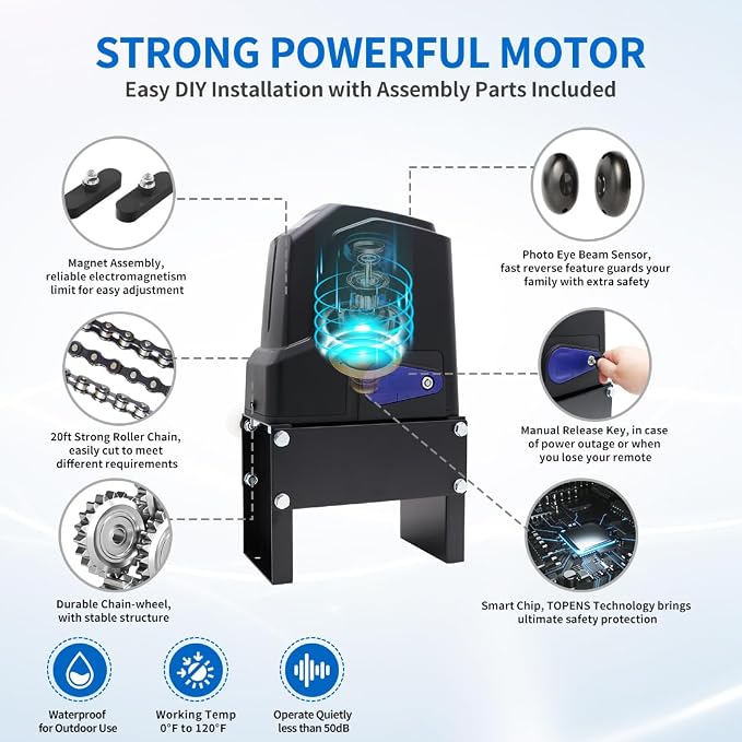 TOPENS CF800 Fast Sliding Gate Opener Chain Drive Automatic Gate Motor for Heavy Driveway Slide Gate Up to 1800 Pounds, Electric Gate Operator AC Powered with 20ft Roller Chain and Remote Control