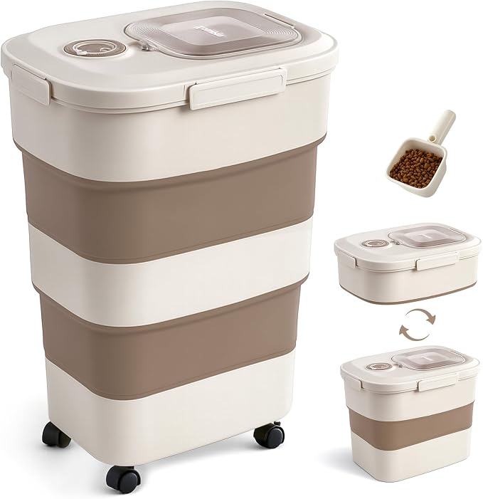 ZOMISIA 40-50lbs Dog Food Storage Container, Large Capacity Collapsible Airtight Pet Food Storage Containers with Rolling Wheels, Transparent Lid, Scoop and Date Track, Brown