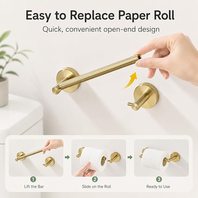 Gold Toilet Paper Holder Towel Ring, Brushed Gold Bathroom Accessories Hand Towel Holder Wall Mount Bath Hardware Set Tissue Roll Holder with Double Post SUS304 Stainless Steel 2pc