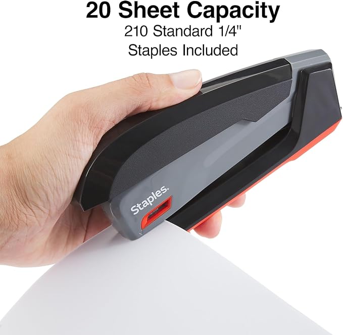 Staples One‑Touch Desktop Staplers, 20‑Sheet Capacity, Gray/Black/Red, 2‑Pack – Smooth‑Press Staplers