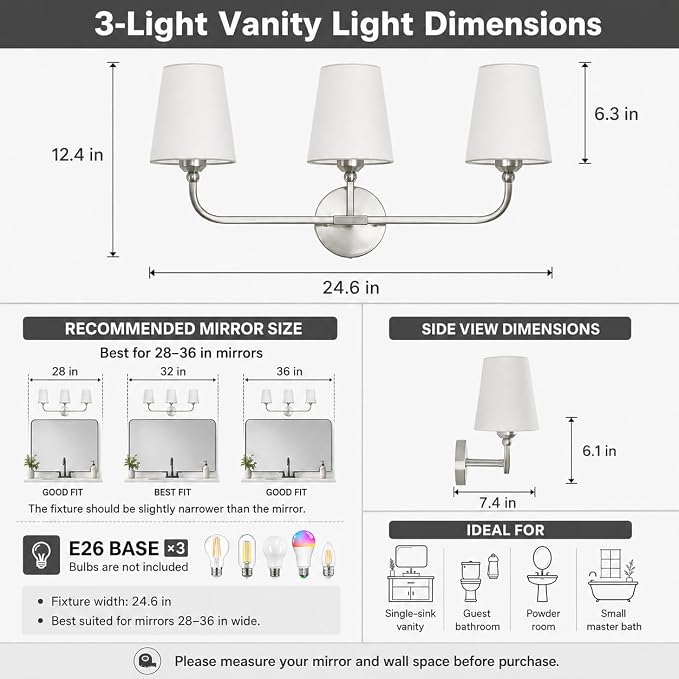 Bathroom Vanity Light, Brushed Nickel Bathroom Light Fixtures, 3-Light Lighting Fixtures Over Mirror, Modern Wall Sconce with Flared White Fabric Shade, E26 Socket(ETL Listed)
