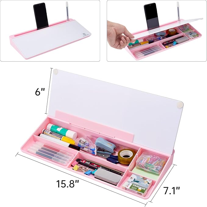 TSJ OFFICE Desktop Whiteboard Dry-Erase-Board - Computer Keyboard Stand White Board Surface Pad with Drawer, Desk Organizers with Accessories for Office, Home, School Supplies - Pink