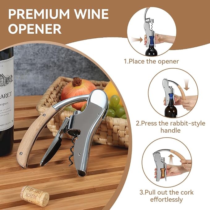 Rabbit Wine Opener, Lever Style Wine Bottle Opener with Wooden Handle, Professional Stainless Steel Corkscrew with Foil Cutter, Wine Gift Set