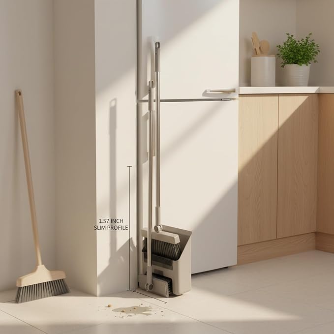 Foldable Broom and Dustpan Set with Squeegee, Stainless Steel Handle for Hard Floors, Compact 1.57-Inch Storage for Kitchen and Bathroom