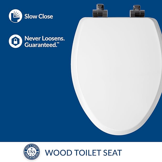 Mayfair Bennett Toilet Seat with Matte Black Hinges, Slow Close Wood Seat, Secure Metal Hinges, Easy Install, Made in USA, Elongated, White