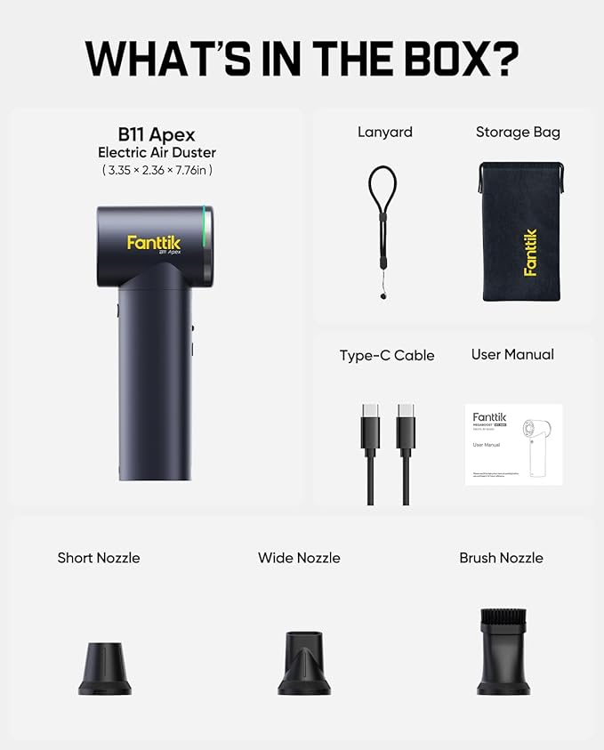 Fanttik B11 Apex Electric Air Duster, High-Performance Compressed Air Duster, 100 Gears Adjustable, One-tap Booster, 42.12Wh Rechargeable Battery, Electric Duster for PC, Workshop, Car Interior