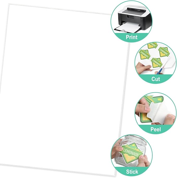 L LIKED 30 Printable White Sticker Paper Full Sheet Label, Matte, 8.5" x 11" for Laser & Inkjet Printing (30 Sheets)