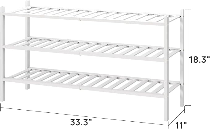 viewcare 3-Tier Long Shoe Rack, Bamboo Wood Shoe Rack for Closet, Entryway & Hallway, Stackable White Shoe Shelf Storage Organizer for Indoor Outdoor