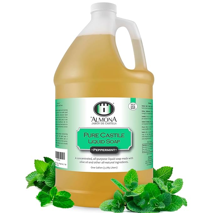 La Almona - Pure Castile Liquid Soap, PEPPERMINT, 1 Gallon - Multipurpose: Hands, Face, Body, Laundry, Dishes & More - For Sensitive Skin, Natural Ingredients, Scented with Essential Oils