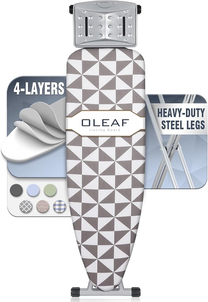 oleaf Ironing Board with Cover and Thicken Pad Height Adjustable Full Size Foldable Iron Board with Iron Rest, Stable Steel Legs, Metal Construction, Heat Resistant, Gray and White Triangles